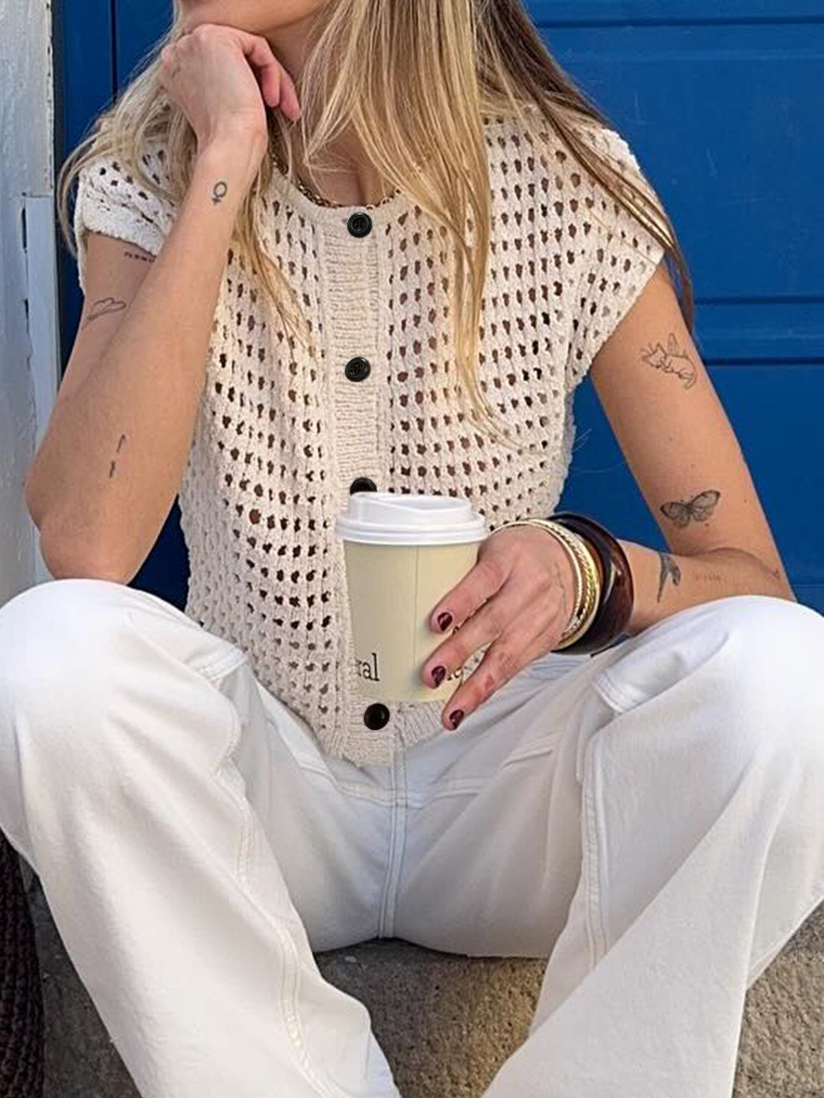 Crochet Knit Button Up Cardigan