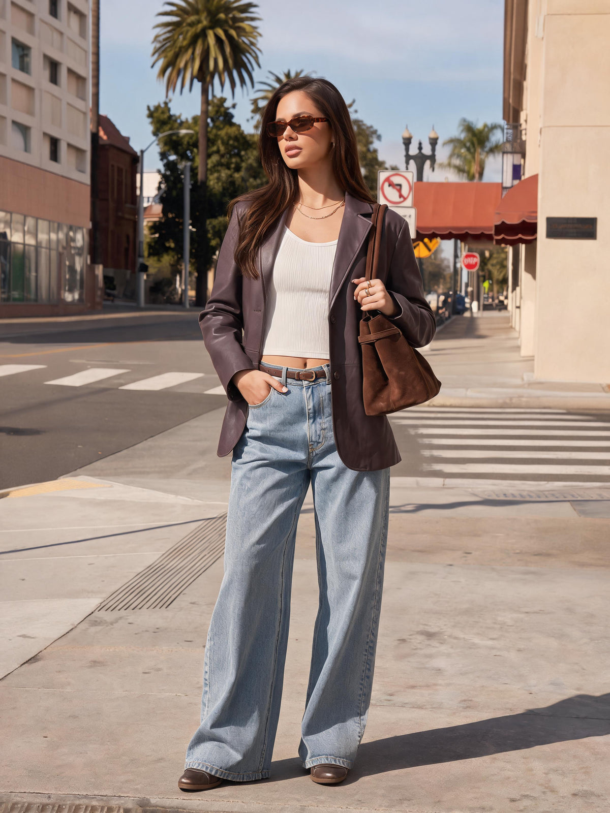 Classic Oversized Brown Faux Leather Blazer