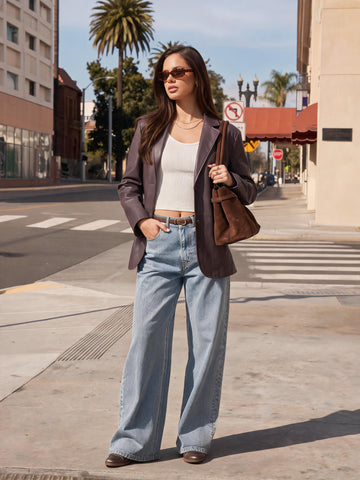 Classic Oversized Brown Faux Leather Blazer