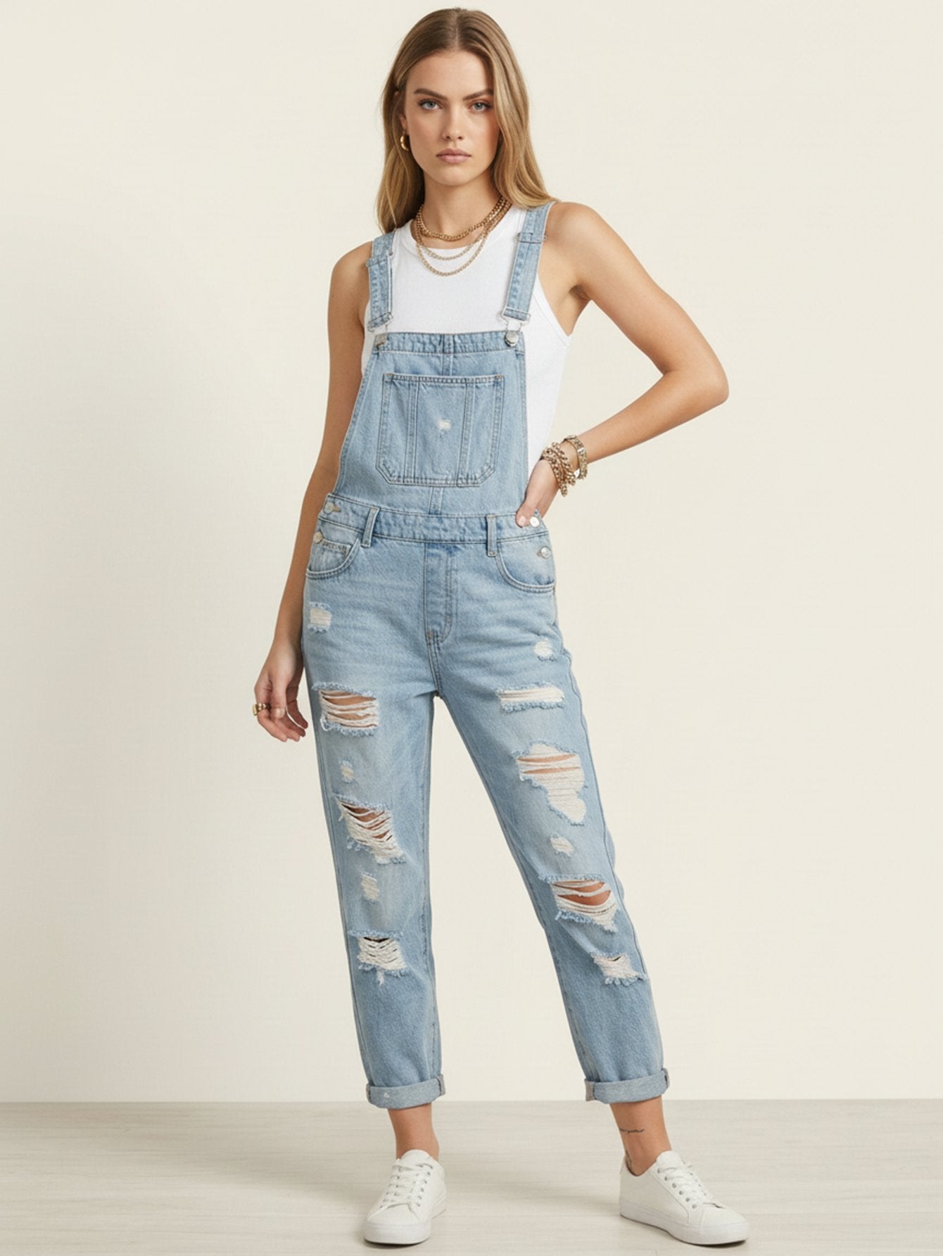 Non Stretch Denim Harem Overalls
