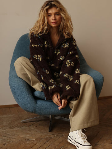 Cozy Floral Print Sherpa Pullover