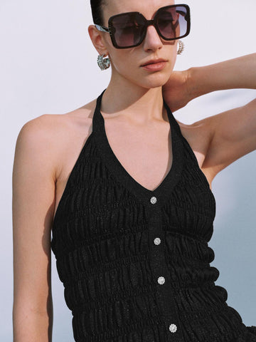 Urban Revivo Knitted Halter Neck Tops-Black