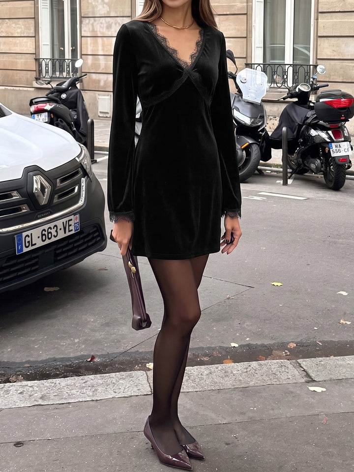 Lace Trim Velvet Mini Dress