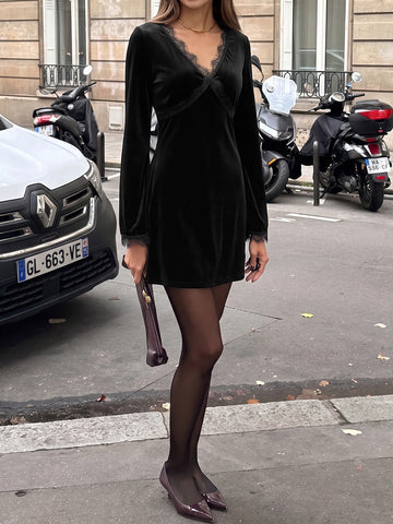 Lace Trim Velvet Mini Dress