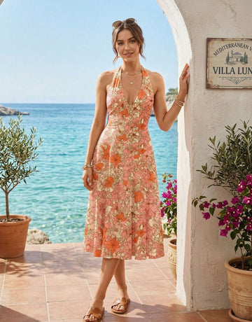 AURELIA Floral Print Halter Neck Tie Back Midi Dress
