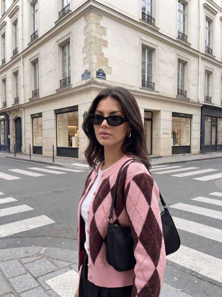 Cropped Argyle Pattern Knit Cardigan
