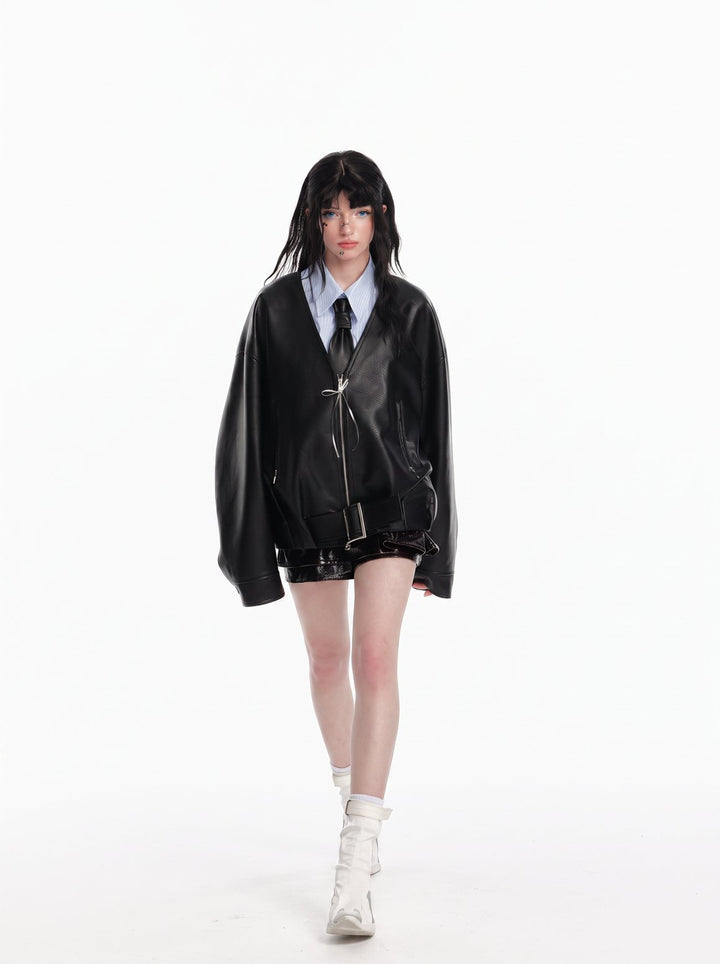 Oversized Faux Leather Belted Jacket