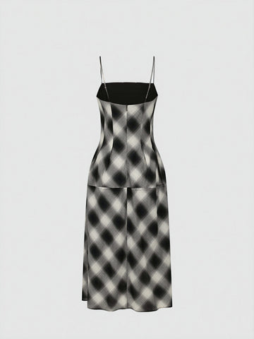 Contrast Check Strappy A-Line Midi Dresses