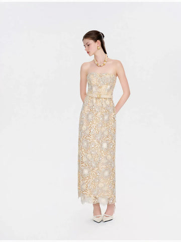 Strapless Floral Lace Belted Maxi Dress