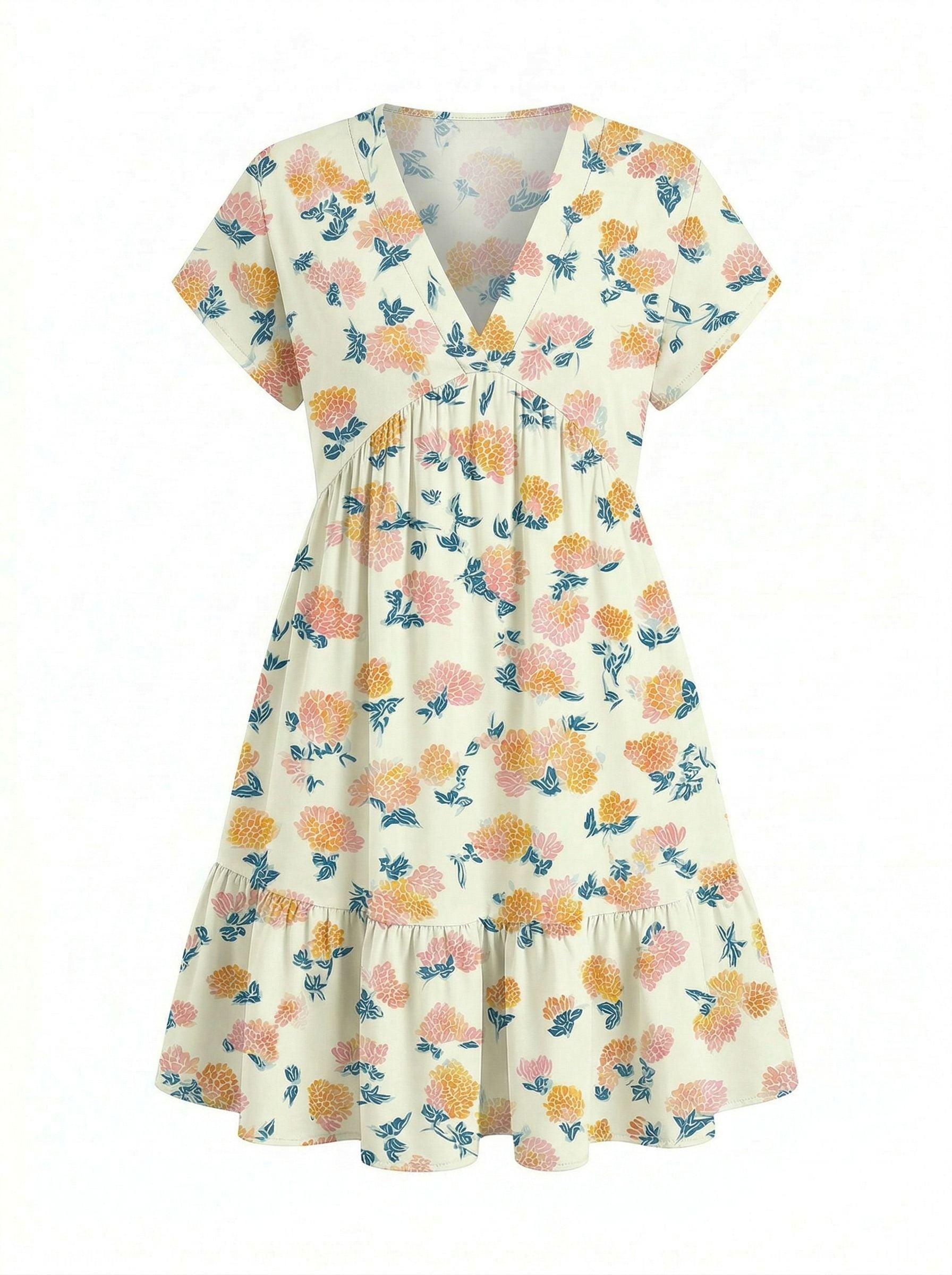 EVA Floral Print V Neck Tiered Babydoll Mini Dress