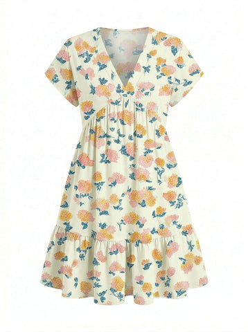 EVA Floral Print V Neck Tiered Babydoll Mini Dress