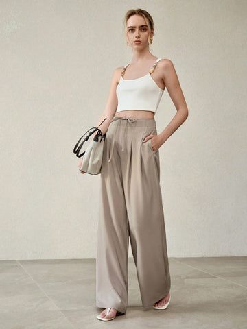 High-Waisted Drawstring Wide-Leg Casual Pants-Khaki