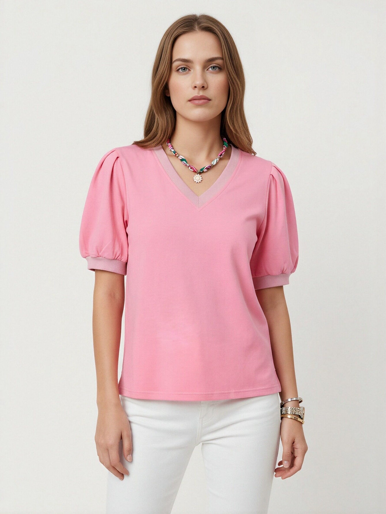 Puff Sleeve V Neck Romantic T-Shirt
