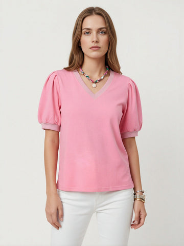 Puff Sleeve V Neck Romantic T-Shirt
