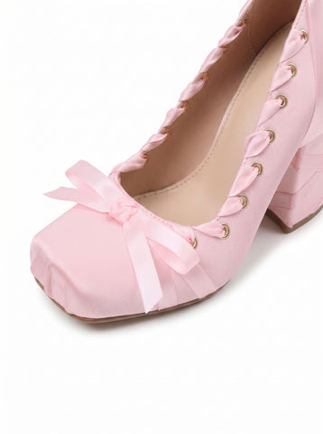 Satin Lace Up Block Heels