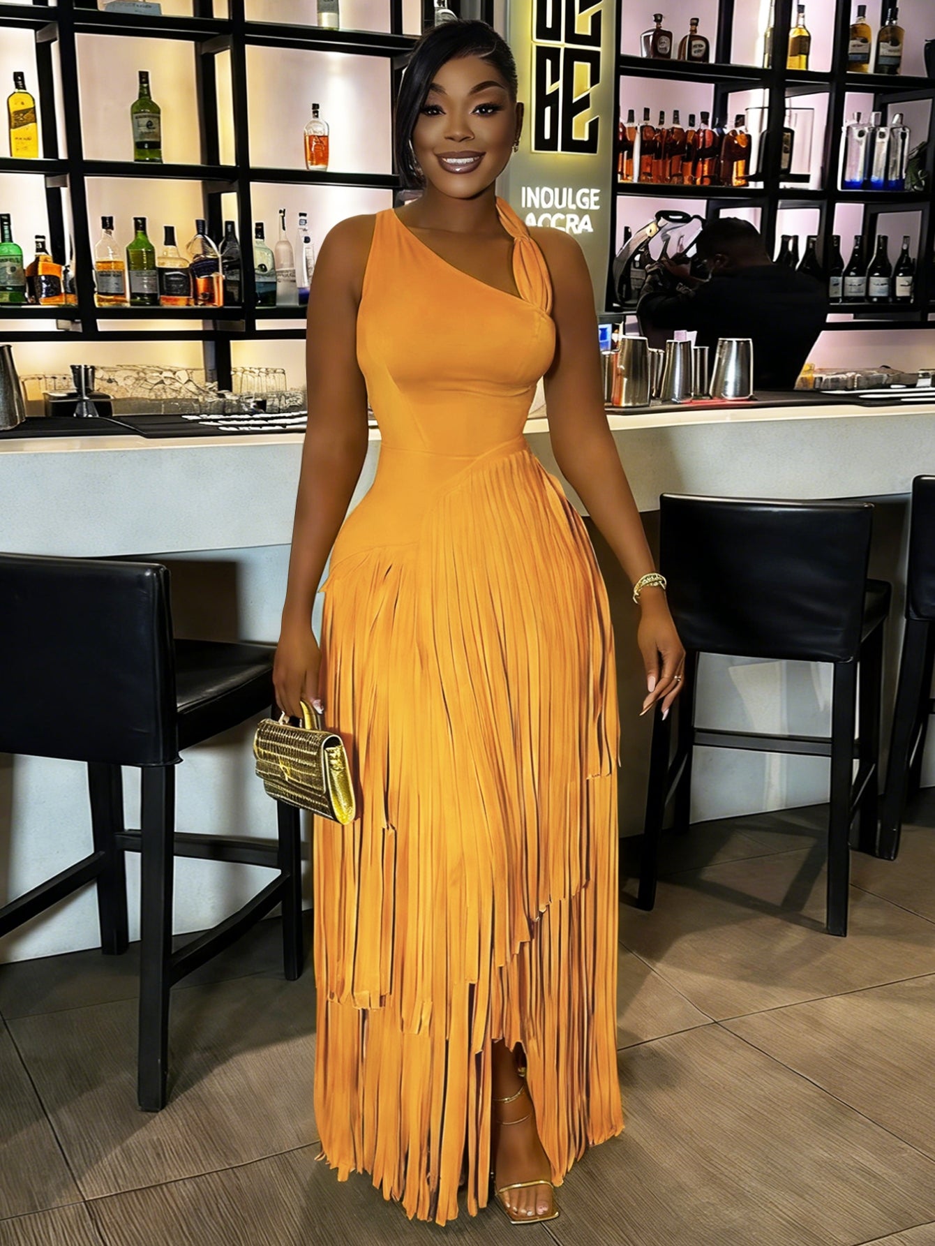 One Shoulder Fringed Maxi Dress