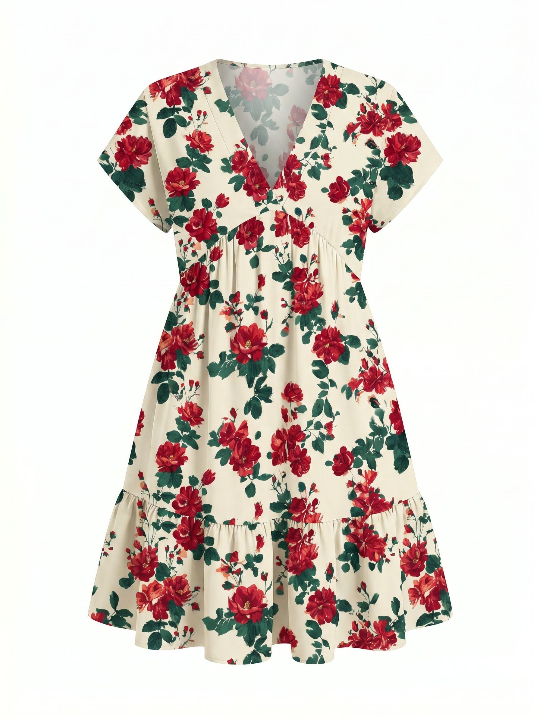 EVA Vintage Red Rose V Neck Tiered Babydoll Mini Dress