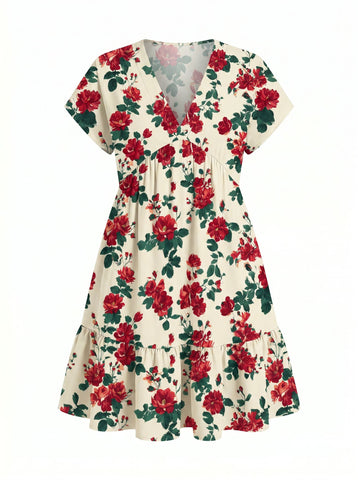 EVA Vintage Red Rose V Neck Tiered Babydoll Mini Dress