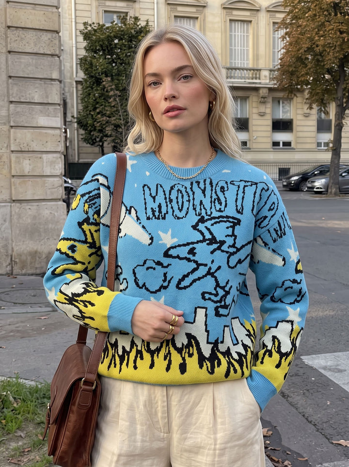 Oversized Graphic Monster Print Pullover Sweater