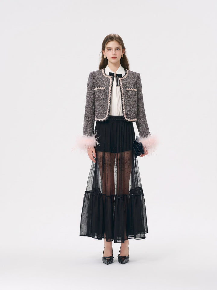 Feather Trim Tweed Cropped Jacket