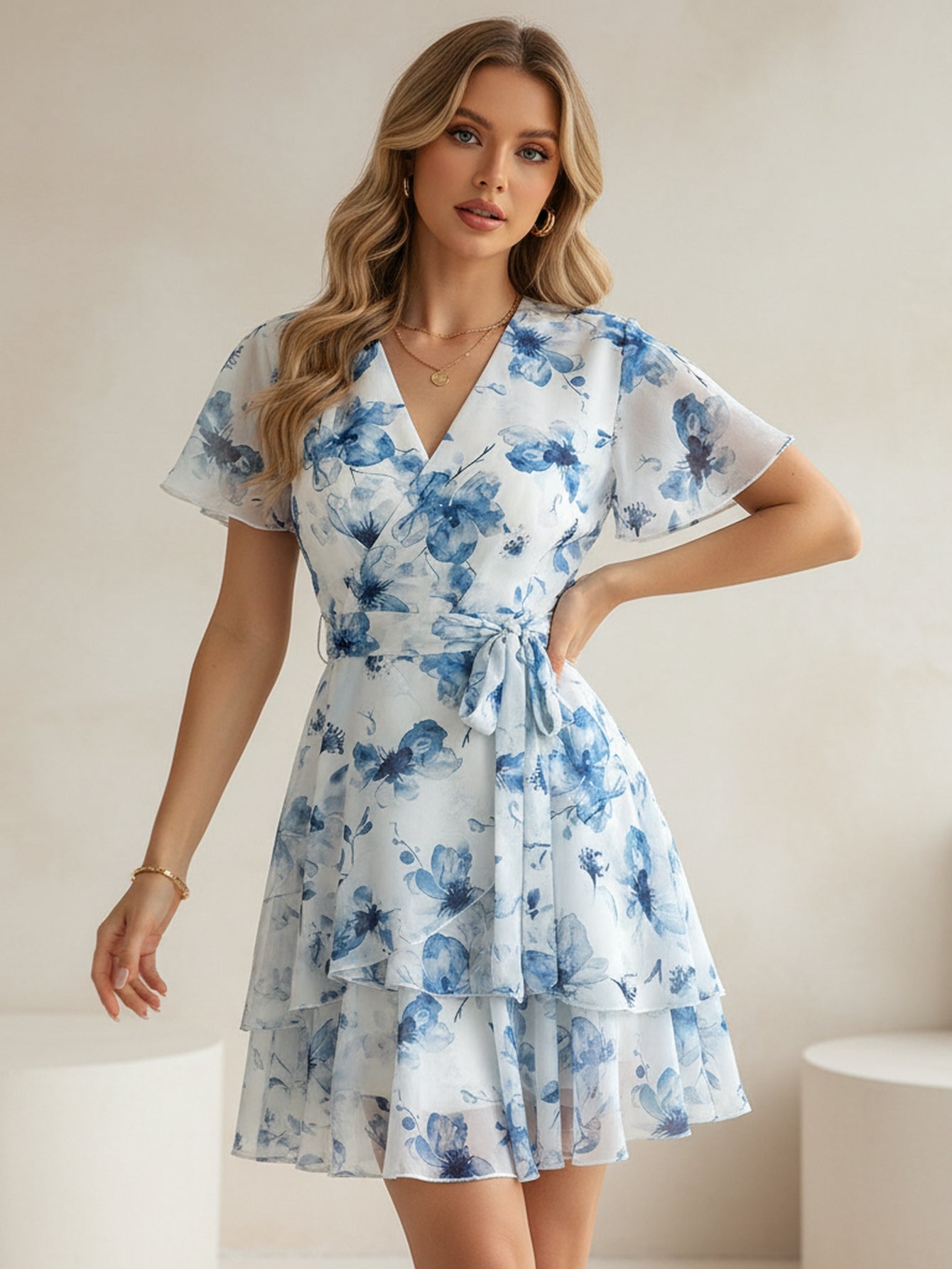 Wrap-Front Flutter Sleeve Tiered Mini Dress-Multicolor