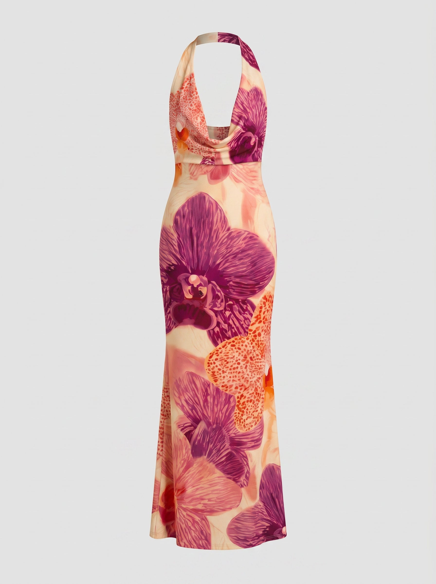 LILA Floral Print Cowl Neck Bodycon Midi Dress