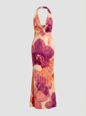 LILA Floral Print Cowl Neck Bodycon Midi Dress