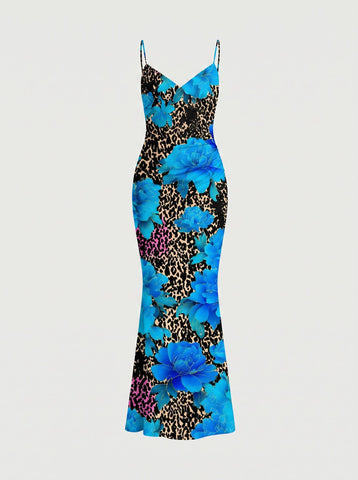 Floral Print Spaghetti Strap Bodycon Maxi Dress