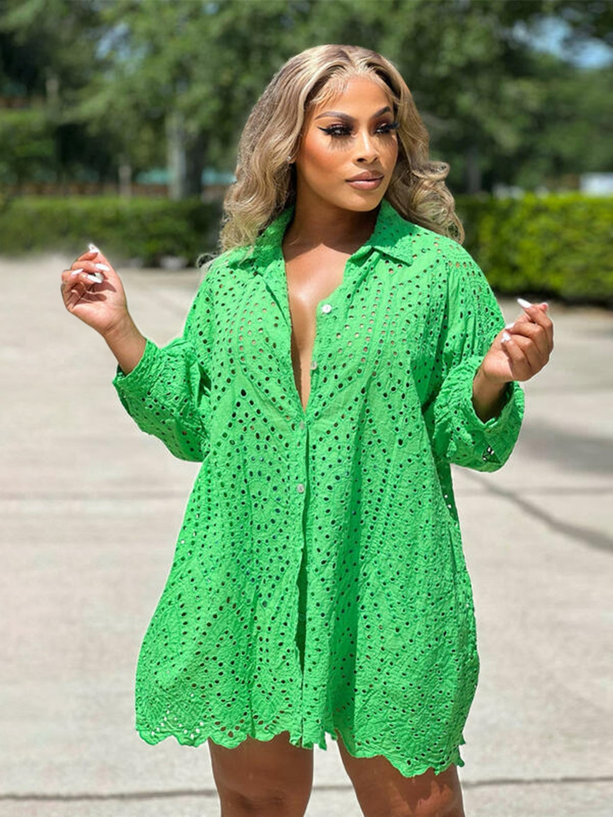 Green Eyelet Button Down Shirt