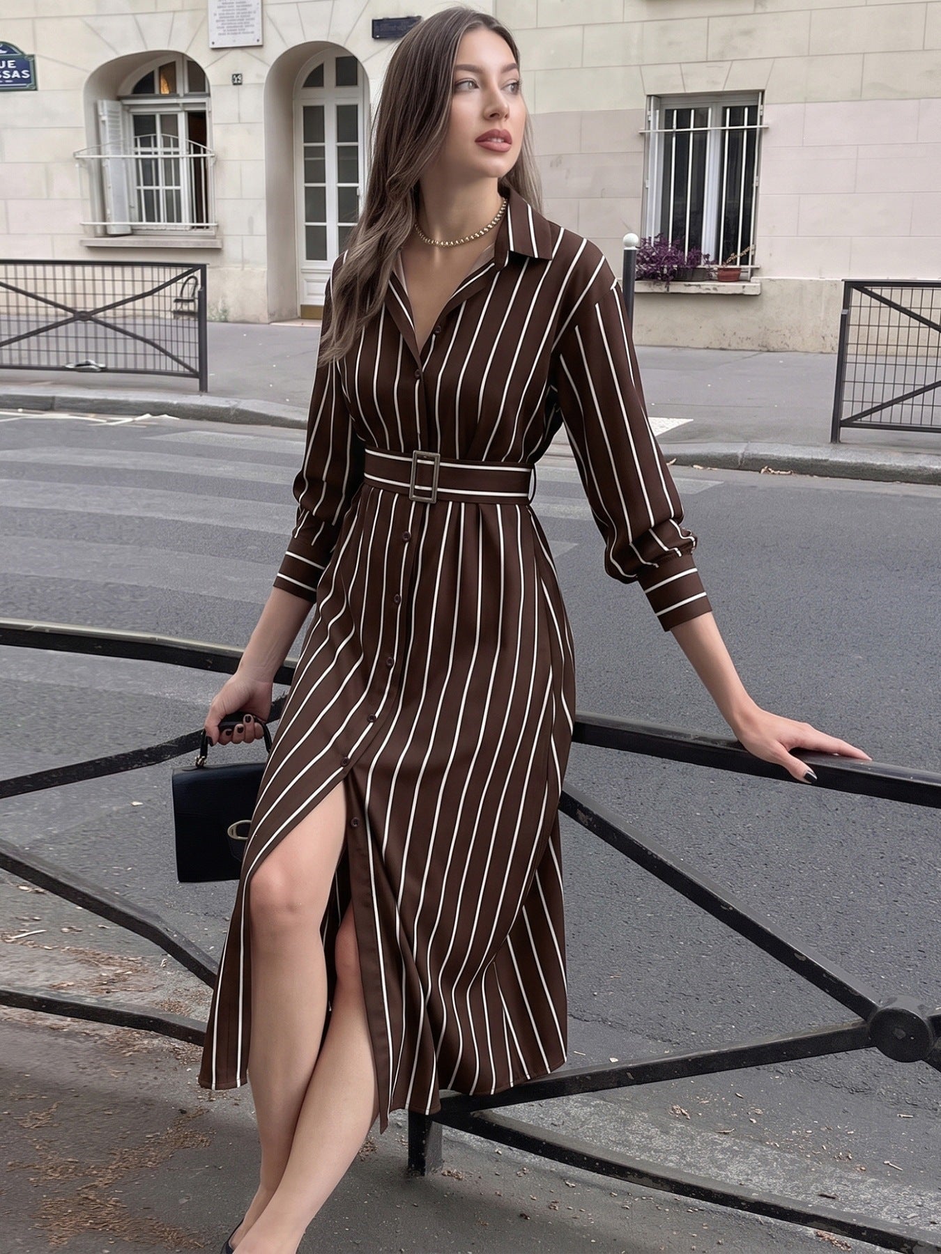 Elegant Striped Belted Shirt Dress