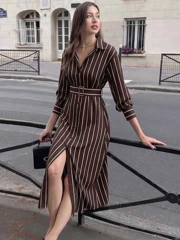 Elegant Striped Belted Shirt Dress