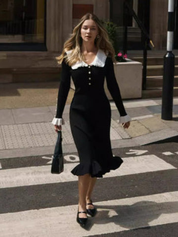 Vintage Collared Ruffle Knit Dress