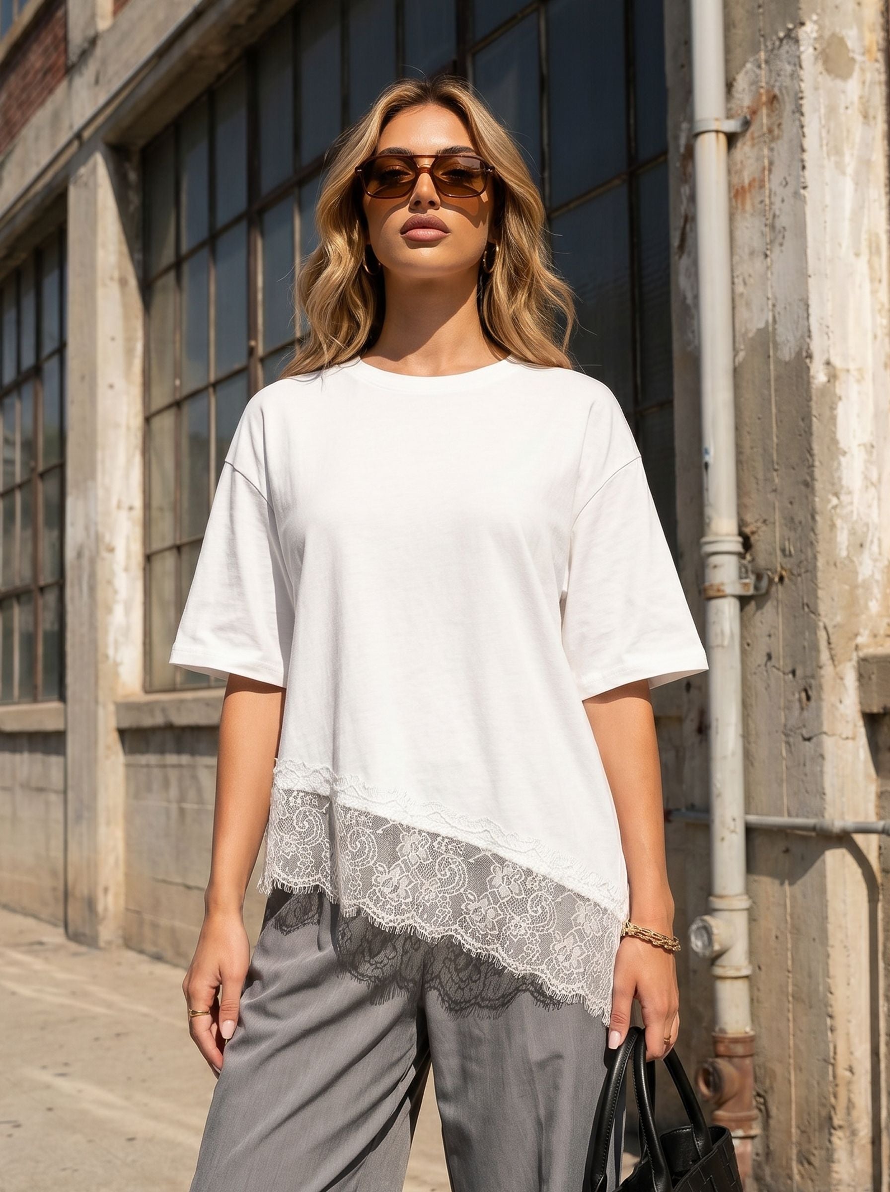 Asymmetric Lace Trim Casual T-Shirt