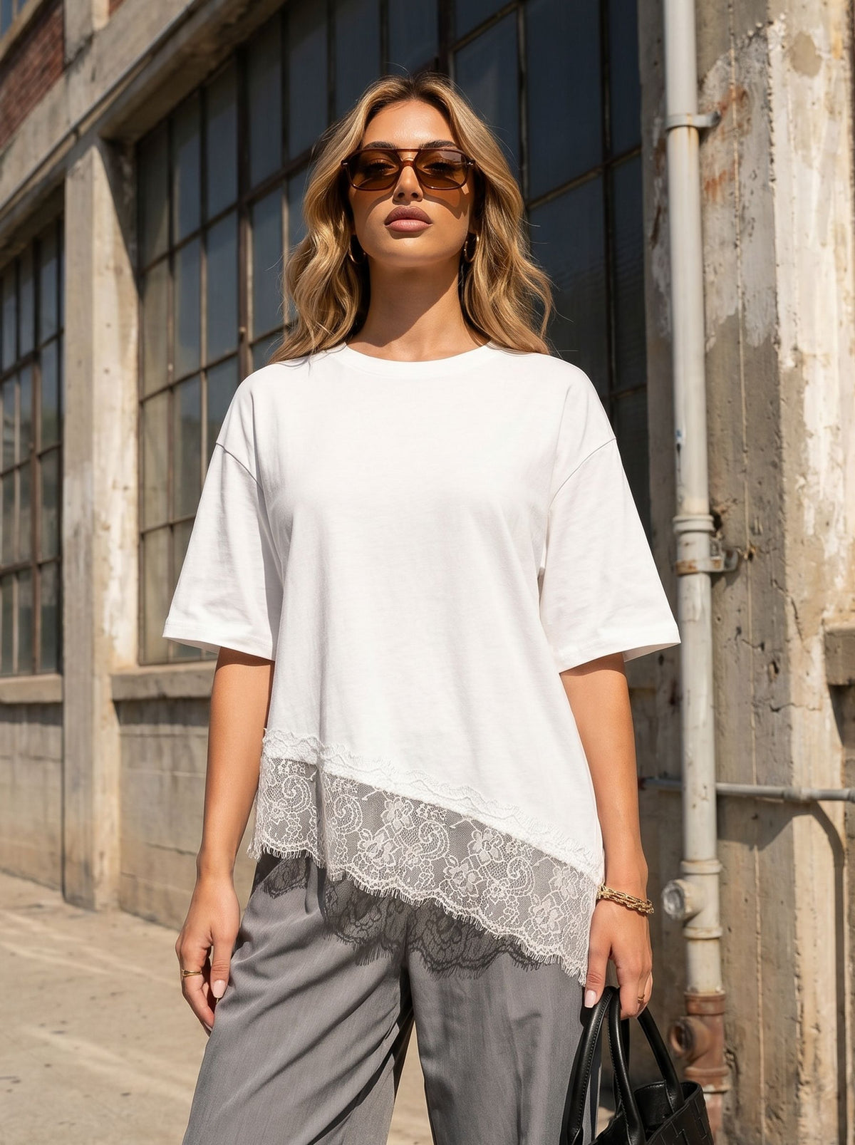 Asymmetric Lace Trim Casual T-Shirt