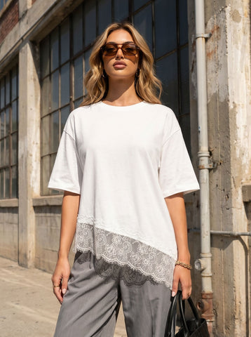 Asymmetric Lace Trim Casual T-Shirt
