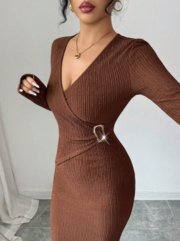 Ribbed V Neck Slimming Midi Dress