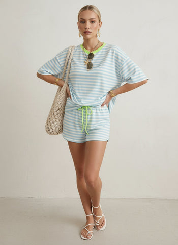 Striped Drawstring Waist Stylish Shorts Set
