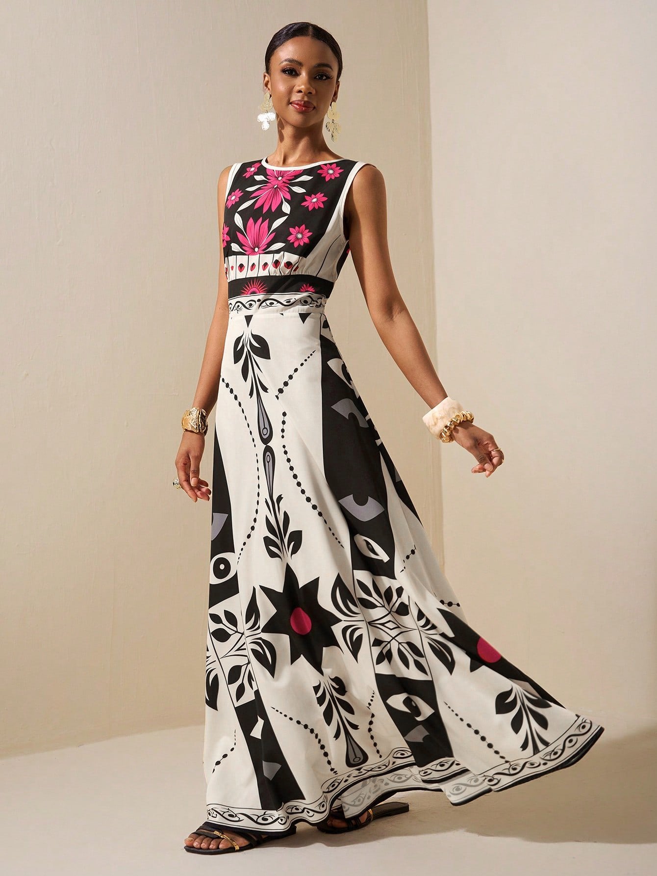 Boho Floral Print Sleeveless Maxi Dress