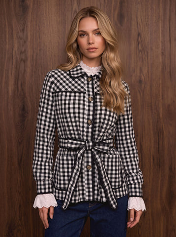 Checked Belted Button Up Jacket