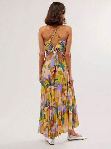 Floral Pleated V Neck Midi Dress