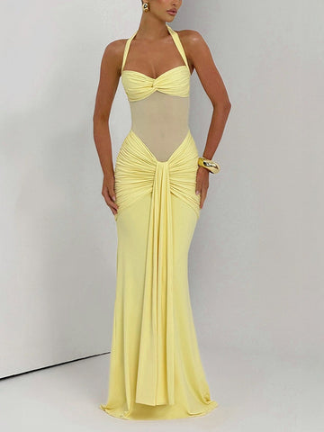 Sexy Halter Mesh Insert Maxi Dress