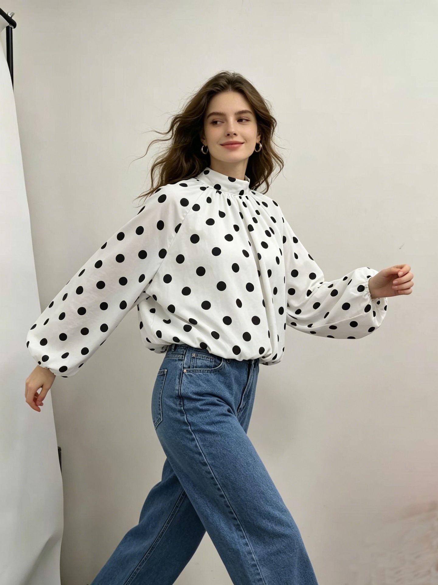 Polka Dot Balloon Sleeve Chiffon Blouse