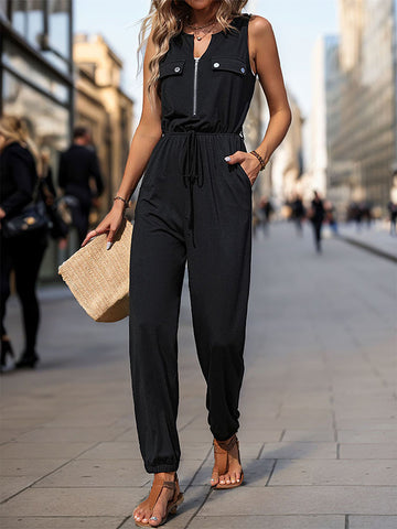 V Neck Drawstring Waist Jumpsuit