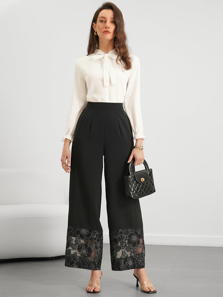 Lace-Hem High-Waisted Elegant Pants