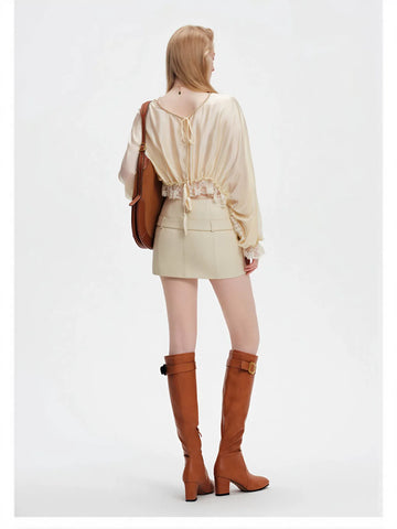 Lace Trim Cropped Satin Blouse