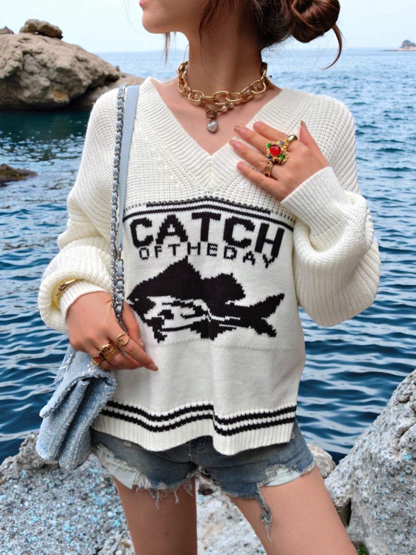 Oversized Graphic V Neck Knit Sweater