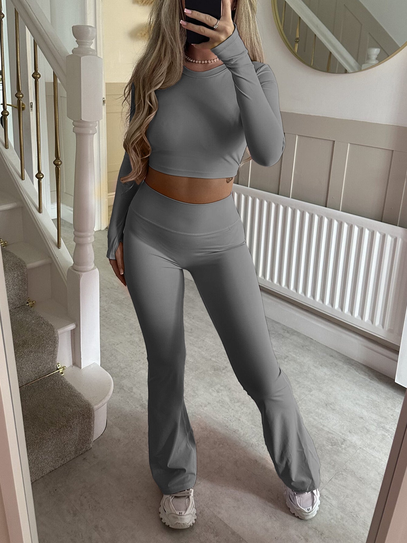 Long-Sleeve Crop Top Flare-Leg Pants Athleisure Set