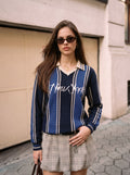 Striped Collared Graphic Knit Pullover Sweater