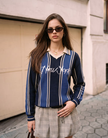 Striped Collared Graphic Knit Pullover Sweater