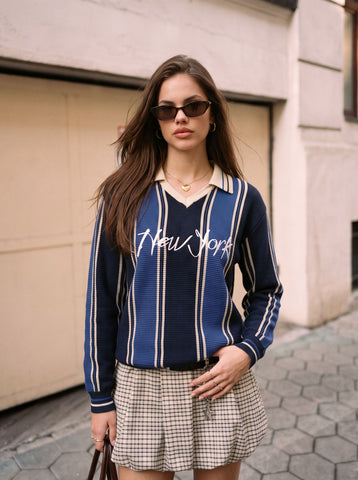 Striped Collared Graphic Knit Pullover Sweater